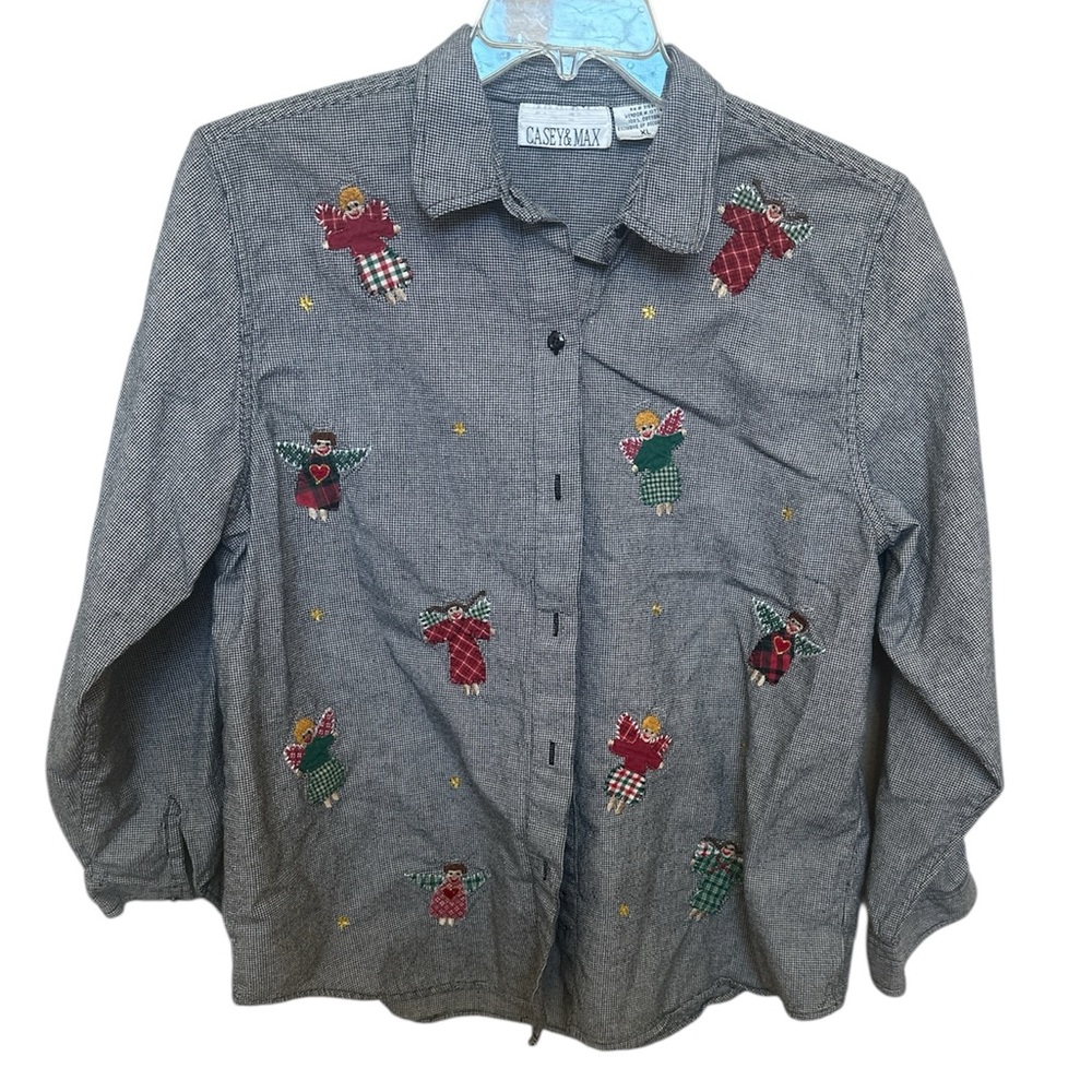 Casey & Max Black and White Checkered Shirt long sleeve angels embroidered XL